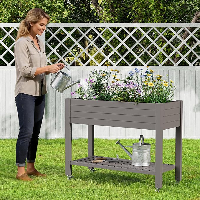 33.7" Tall Raised Garden Bed with Wheels, Divisible Resin Planter Box with Drainage Gauge & Storage Shelf, Herb Planter for Garden Patio Backyard, Light Brown (33.7" h)