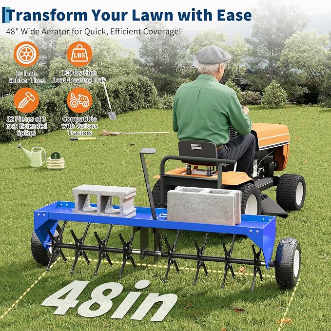 48 Inch Tow Behind Lawn Plug Aerator,100LBS Capacity Yard Aerator with Universal Hitch &10" Tires, Heavy Duty Aerator Lawn Tool Tow Behind, Steel Core Aerator for Garden Farm Yard Lawn Care