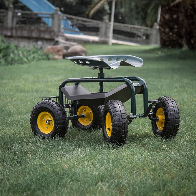 Rolling Scooter Garden Stool Cart with Tool Storage Basket & Swivel Seat Heavy Duty Gardening Planting