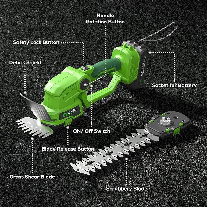 21V Cordless Hedge Trimmer, 2 in 1 Handheld Bush Trimmer with 2 x 2000mAh Batteries + Charger, Electric Grass Shear for Garden Yard Lawn Care, Powerful & Lightweight