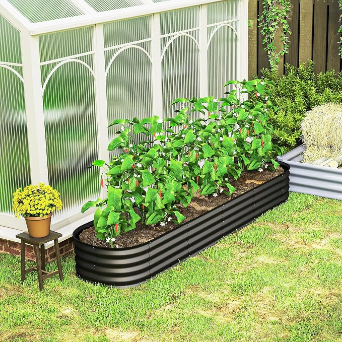 Outsunny 8' x 2' x 1' Galvanized Raised Garden Bed Kit, Outdoor Metal Elevated Planter Box with Safety Edging, Easy DIY Stock Tank for Growing Flowers, Herbs & Vegetables, Dark Gray