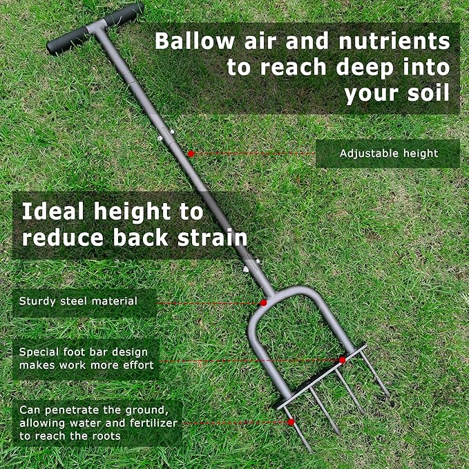 BARAYSTUS Manual Lawn Aerator for Compacted Soil Aerating - Height Adjustable Handheld Spike Aerator with 4 Steel Tines