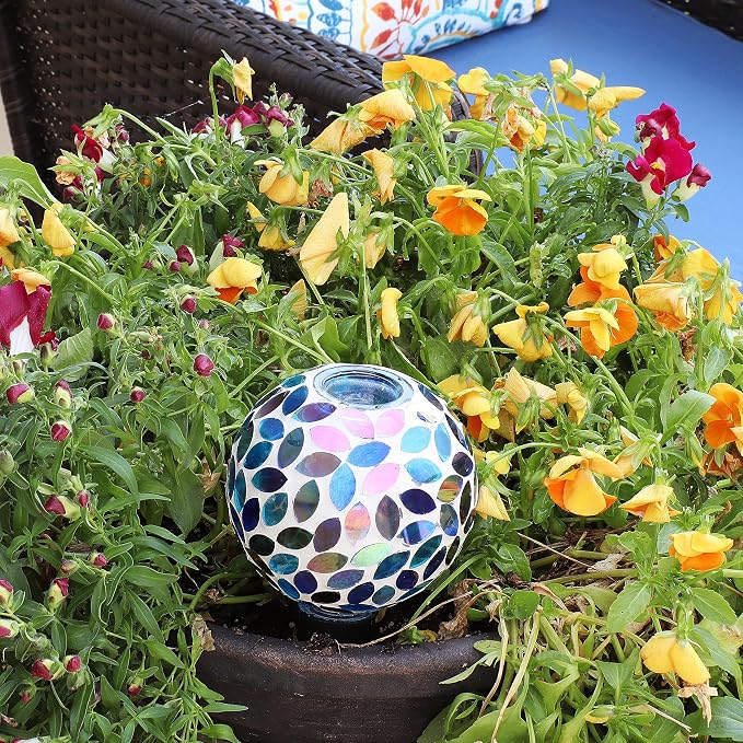 Sunnydaze Mosaic Glass Plant Watering Globe with Clay Spike - Decorative Self-Watering Planter Insert - Water Dripper for Plants - 9.5" - Spring Petals