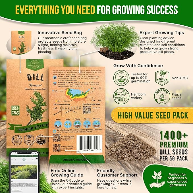 Organo Republic Dill Bouquet Seeds Pack 5 G - Over 1,400 Non-GMO Heirloom Dill Seeds for Planting Herbs in Individual Seed Packet, Herbs Seeds for Planting Home Garden Indoor & Outdoor Gardening