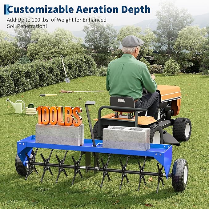 48 Inch Tow Behind Lawn Plug Aerator,100LBS Capacity Yard Aerator with Universal Hitch &10" Tires, Heavy Duty Aerator Lawn Tool Tow Behind, Steel Core Aerator for Garden Farm Yard Lawn Care