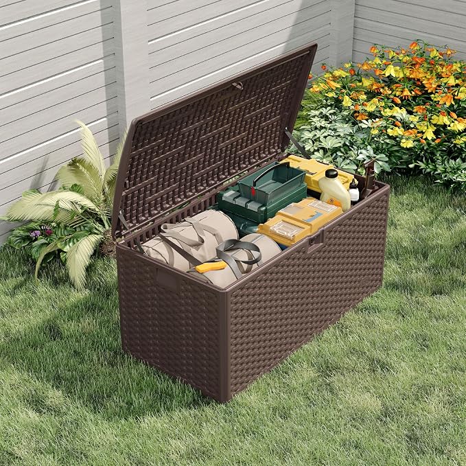 Outdoor Storage Box, 99 Gallon Storage Bin with Lid, Waterproof Large Resin Deck Box, Indoor Outdoor Lockable Storage Container for Patio Furniture Cushions Garden Tools- Brown