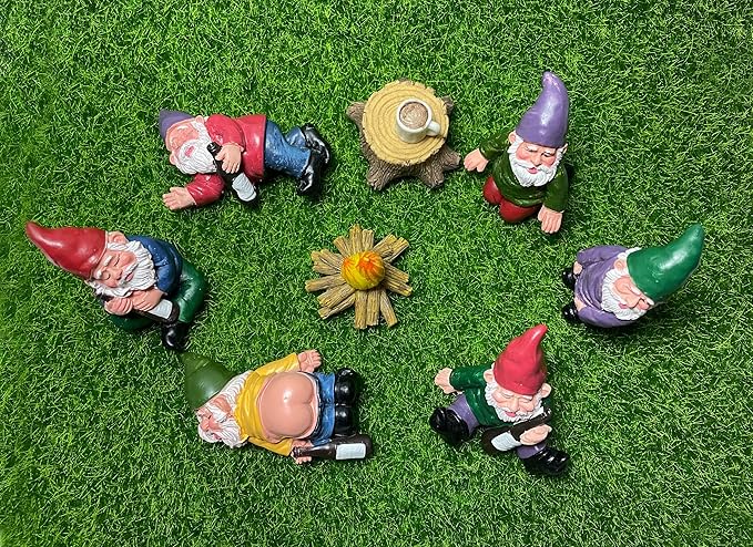 9pcs Miniature Gnomes Sets with Fire and Furniture - for Fairy Garden Decoration and Home Ornament