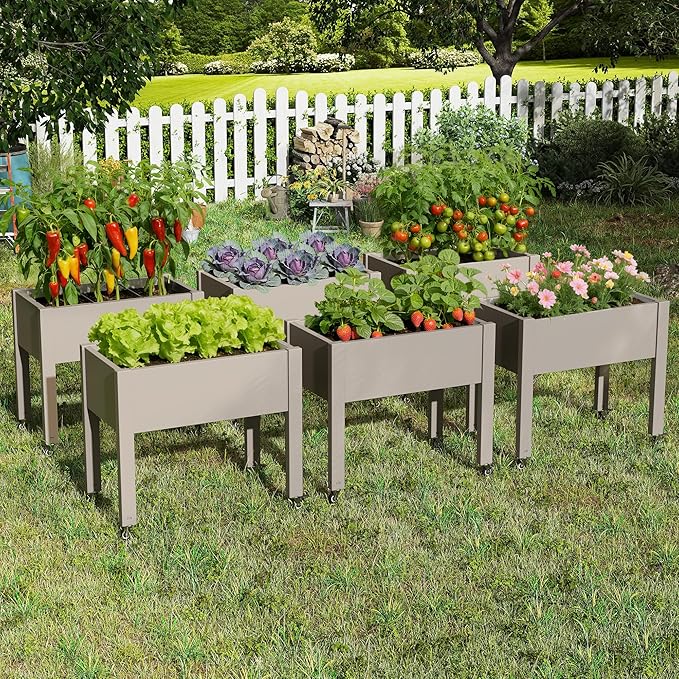 Elevated 26.3" Tall Raised Garden Bed with Wheels - Outdoor Mobile Resin Planter Box with Drainage Holes for Vegetables Flower Herbs, Weather Resistant, Light Brown (26.3" h)