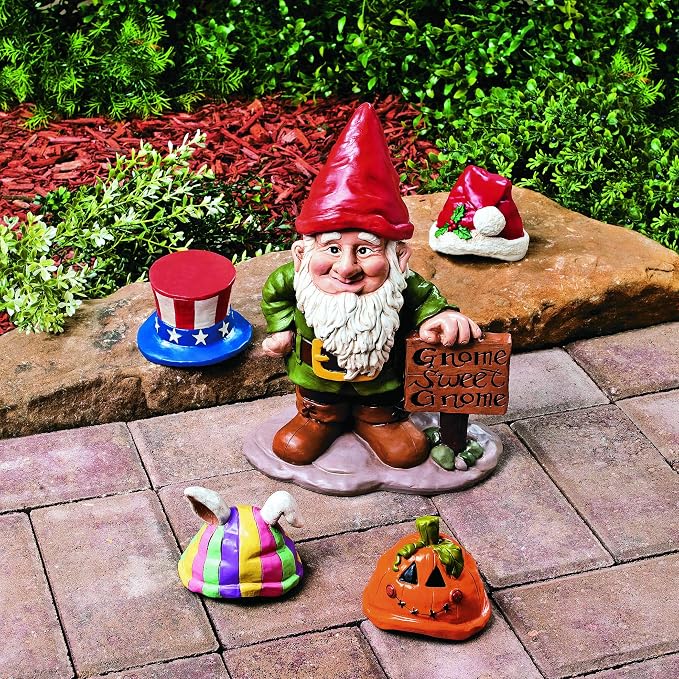 Fun Express Garden Gnomes Outdoor Statue with 5 Interchangeable Seasonal Hats - Resin Gnome Figurines for Yard Decorations | Christmas Halloween Easter Holiday Gnome Decor for Home Garden Sculptures