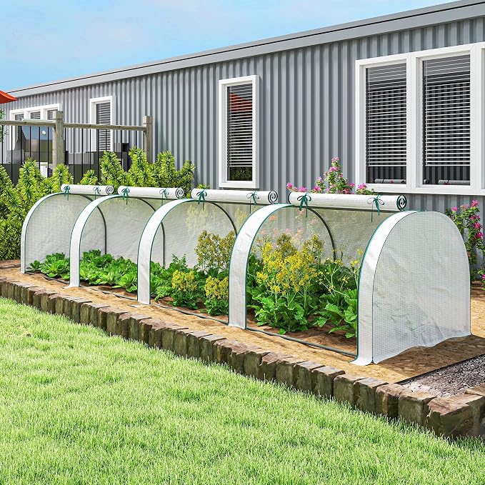 Outsunny Mini Greenhouse, 177.2" x 39.4" x 31.5" Portable Greenhouse with 4 Roll-Up Doors, PE Cover, Small Green House for Indoor Outdoor, White