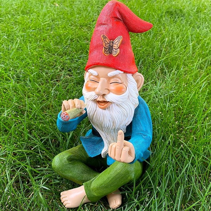 Mood Lab Funny Garden Gnome - Relaxed Smoking Statue with Middle Finger - 9.6 Inch Tall Outdoor or Indoor Decor