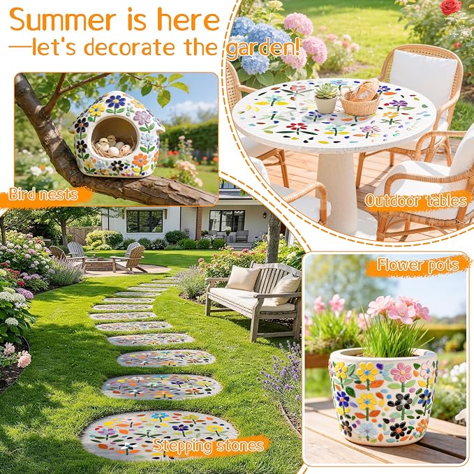 LOTOFUN Mosaic Tiles for Stepping Stones: 610g Vibrant Mosaic Tiles for Crafts Bulk with Petals Centers Leaves Stem Decorative Ceramic Flowers Mosaic Supplies for DIY Garden Decor- Crafts for Adults