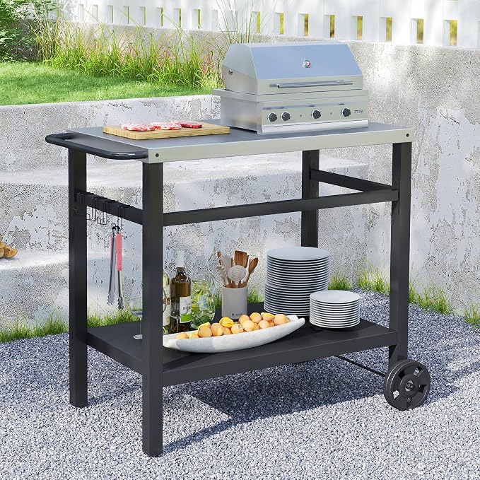 DDK Outdoor BBQ Prep Cart | 2-Tier Grill Table with Stainless Steel Top | Rolling Utility Cart for Patio, Pizza Oven, Grilling & Meal Prep