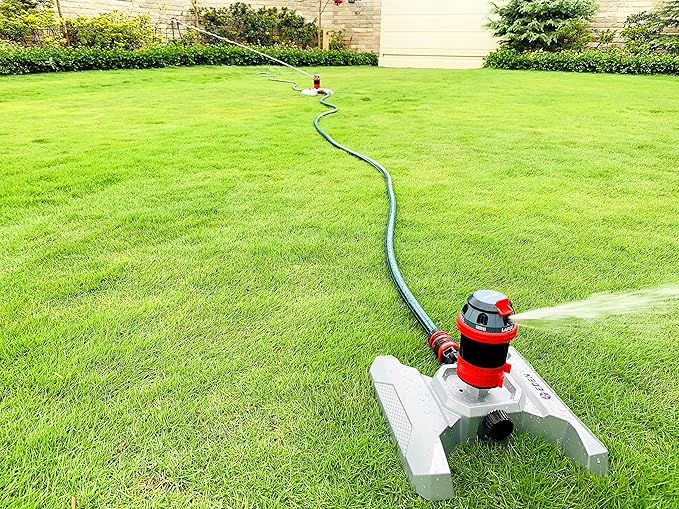 Eden 96122 Metal Base 6-Pattern Rotary Gear Drive Sprinkler | Quiet Operation, Adjustable Range, 5°- 360° Coverage, Flow-Through Design for Customized Watering, Quick Connect Starter Set Included