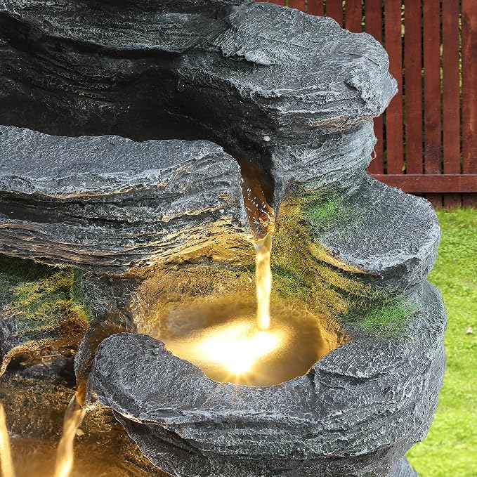Garden Fountains Outdoor, 7-Tiers Cascading Rock Water Fountain, 24.4" H Waterfall Fountain Indoor with 6 LED Lights and Moss for Patio, Yard and Home Art Decor, Natural Stone Look