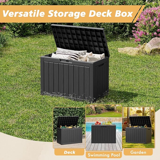 Fancyango 45 Gallon Outdoor Deck Box Waterproof, Storage Box for Patio, Resin Storage Bench Lockable for Garden Tools, Package Delivery, Black