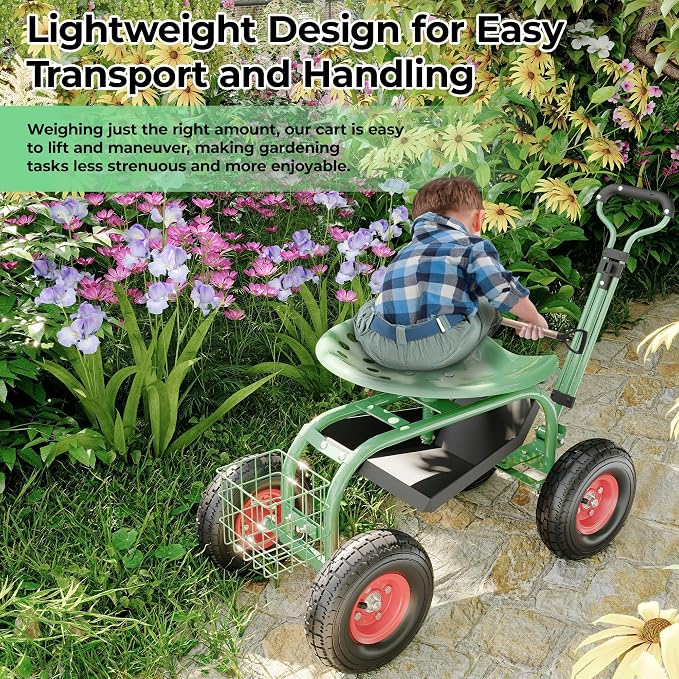 Garden Rolling Stool with Wheels – Outdoor Garden Chair for Patio and Lawn - 360° Swivel Seat Gardening Cart with Tool Tray & Steering Handle for Easy Planting and Yard Work