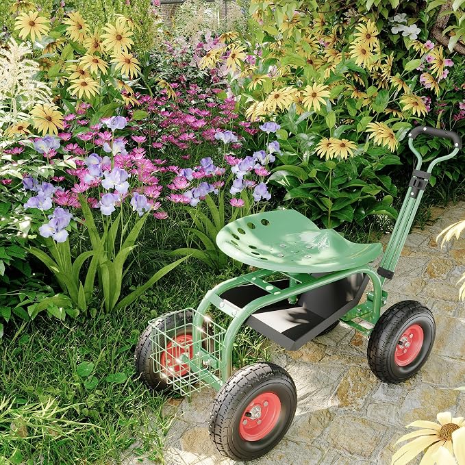 Garden Rolling Stool with Wheels – Outdoor Garden Chair for Patio and Lawn - 360° Swivel Seat Gardening Cart with Tool Tray & Steering Handle for Easy Planting and Yard Work