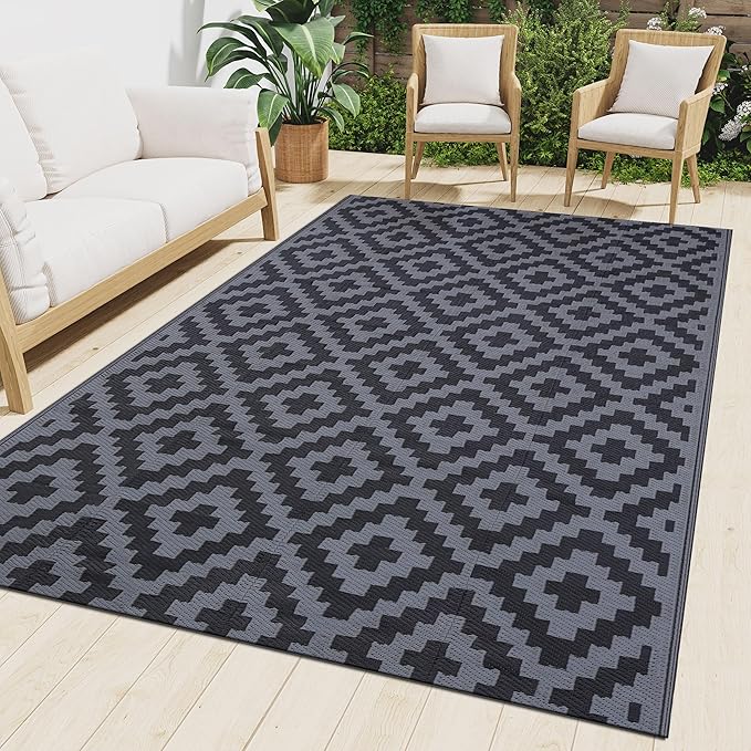 Smiry Waterproof Outdoor Rug 10X14 ft, Reversible Plastic Straw Patio Camping Rugs, Outdoor Indoor RV Mat Carpet for Patio, Outside Entry, Backyard, Deck, Bench, Picnic, Camper, Black & Grey