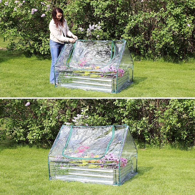 Sunnydaze Steel Raised Garden Bed with Mini Greenhouse - Outdoor Greenhouse Kit - 2 Zippered Doors - Clear - 4' x 3'