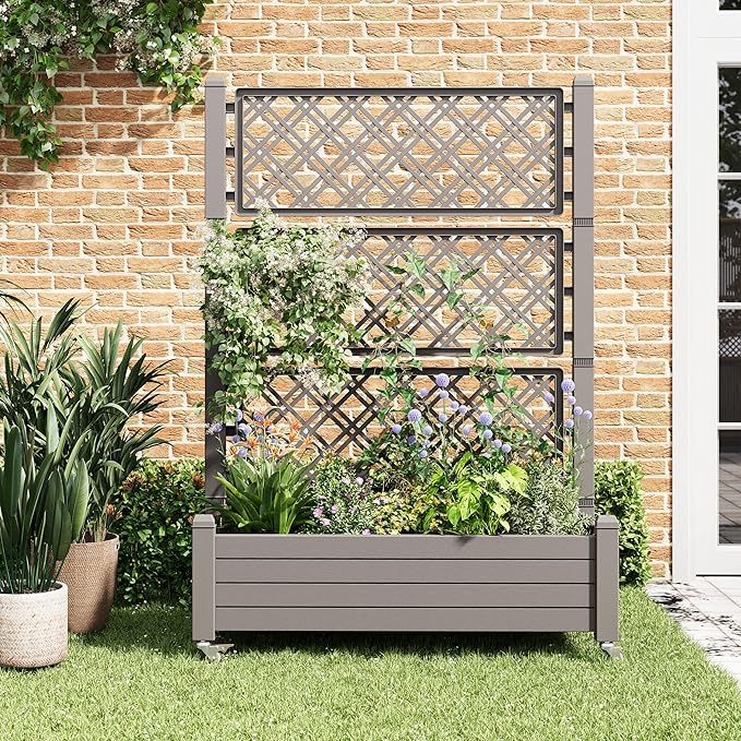 Resin Raised Garden Bed with Trellis and Wheels - Plasitc Planter Box with Trellis Outdoor with Drainage Holes & Water Monitor for Climbing Plants, Flower, Light Brown(61.2" H)