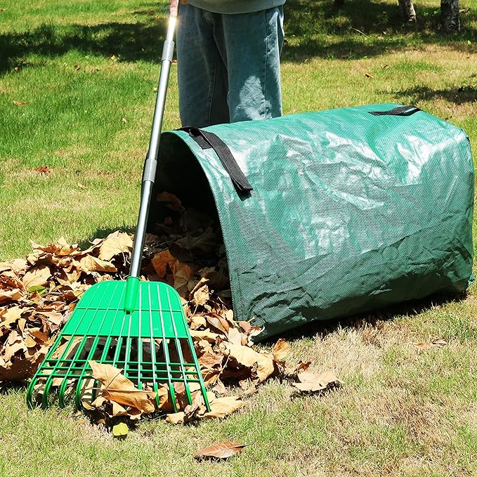 Gardzen 12 Tines Gardening Leaf Rake, Lightweight Steel Handle, Detachable, Ideal Camp Rake, Comes with Dustpan-Type Garden Bag, 2 Pack