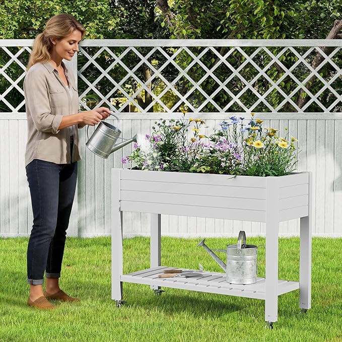 Elevate 33.7" Tall Raised Garden Bed with Wheels, Divisible Resin Planter Box with Drainage Gauge & Storage Shelf, Herb Planter for Garden Patio Backyard, Ashen (33.7" h)