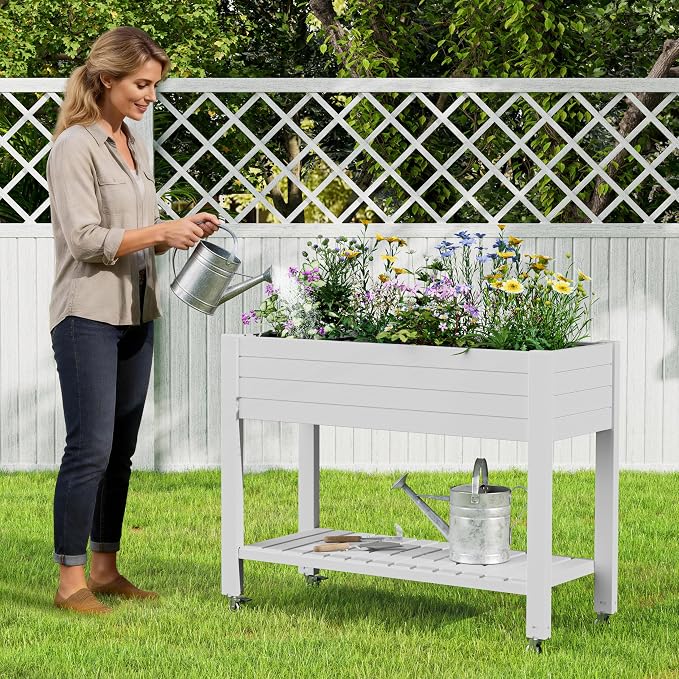 33.7" Tall Raised Garden Bed with Wheels, Divisible Resin Planter Box with Drainage Gauge & Storage Shelf, Herb Planter for Garden Patio Backyard, Cool White (33.7" h)