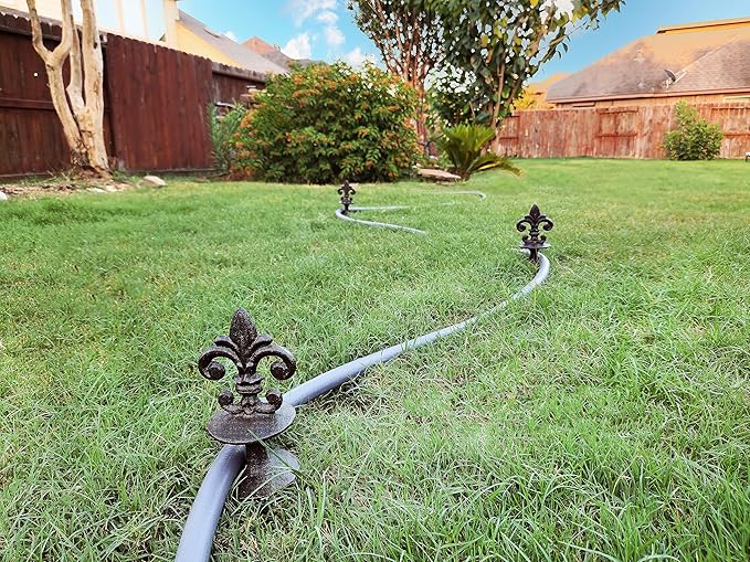 Lulu Decor, Antique Black Cast Iron Garden Fleur de lis Hose Guides, Set of 3. Strong and Decorative Hose Guide that Protects Your Plants and Provides Elegance to Your Garden