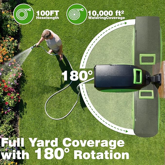 Retractable Garden Hose Reel 100FT x 5/8 in, Wall Mount Water Hose Reel for Outside with Auto Rewind, Tangle-Free Guide, 180° Swivel Bracket, Lock at Any Length, High-Pressure Flow, 10-Pattern Nozzle