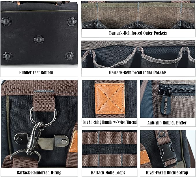 WELKINLAND 32-Pockets Waxed Canvas tool bag, Heavy-Duty Electrician tools bag, HVAC tool bags, Tool bag organizer, 16" Tools bag carrier for men, Tool bags for electricians