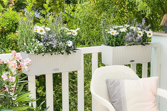 Lechuza BALCONERA Cottage 50 White, Self-Watering Window Box (Railing Planter), H7.5 L19.7 W7.5 in