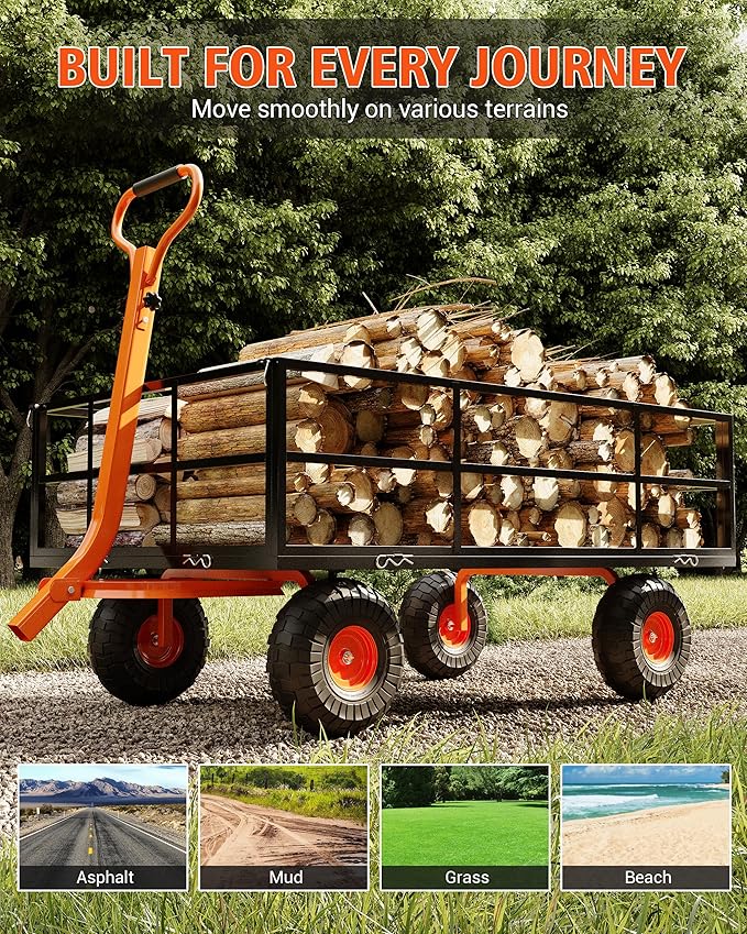 Heavy Duty Steel Garden Cart Wagon, 1200LBS Capacity Utility Trailer with Removable Mesh Sides, Convertible Flatbed for Lawn Mower, Yard Work, Soil, Mulch & Plant Transport