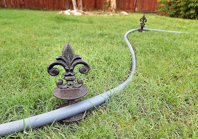 Lulu Decor, Antique Black Cast Iron Garden Fleur de lis Hose Guides, Set of 8. Strong and Decorative Hose Guide that Protects Your Plants and Provides Elegance to Your Garden