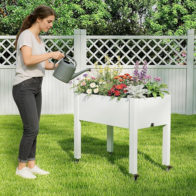 Elevated 26.3" Tall Raised Garden Bed with Wheels - Outdoor Mobile Resin Planter Box with Drainage Holes for Vegetables Flower Herbs, Weather Resistant, Cool White (26.3" h)