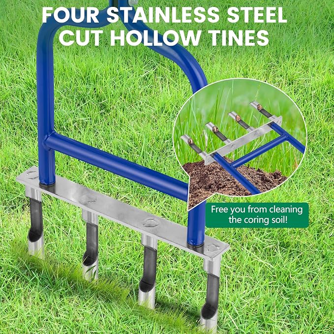 Spike Tine Fork Lawn Aerator – 4 Stainless Steel Cut Pipe Spikes Manual Gardening Hand Tool - Grass Dethatcher Aerator Lawn Tool with Solid Tines for Compacted Soil - Lawn Plugger Aerator.
