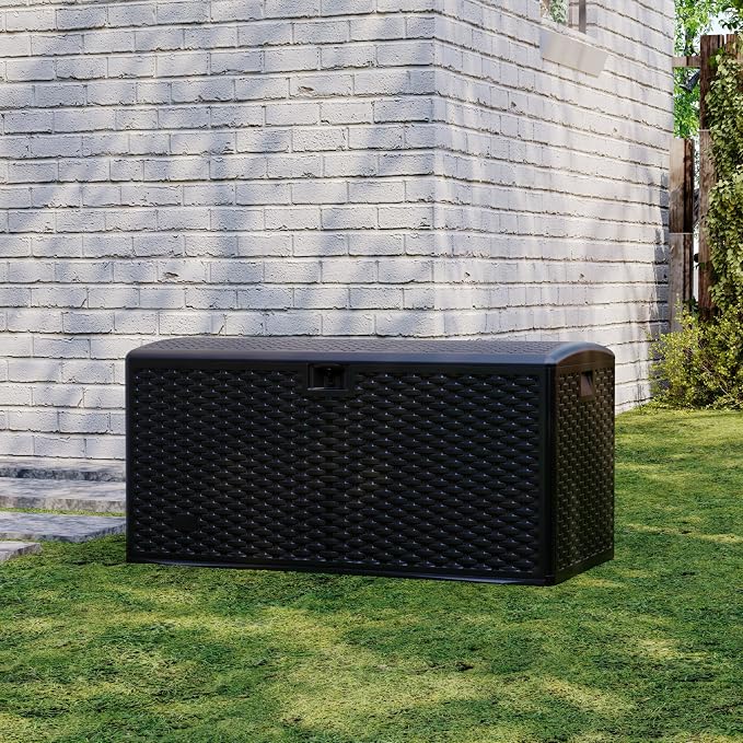 99 Gallon Waterproof Resin Deck Box with Hydraulic Lift, Lockable Wicker Storage Bench - Weather Resistant Outdoor Storage Box Organizer for Patio Cushions,Garden Tools, Pool, Black