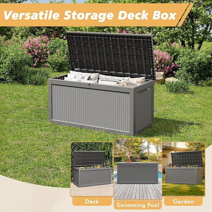 Fancyango 280 Gallon Outdoor Deck Box Waterproof, Large Storage Box for Patio, Resin Storage Bench Lockable for Garden Tools, Package Delivery, Grey