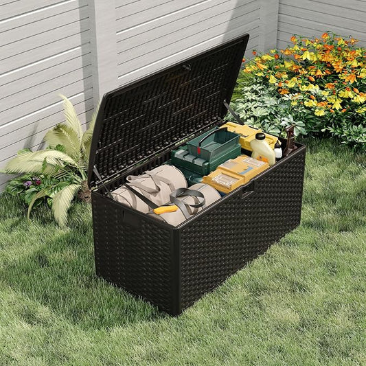 99 Gallon Waterproof Resin Deck Box with Hydraulic Lift, Lockable Wicker Storage Bench - Weather Resistant Outdoor Storage Box Organizer for Patio Cushions,Garden Tools, Pool, Black