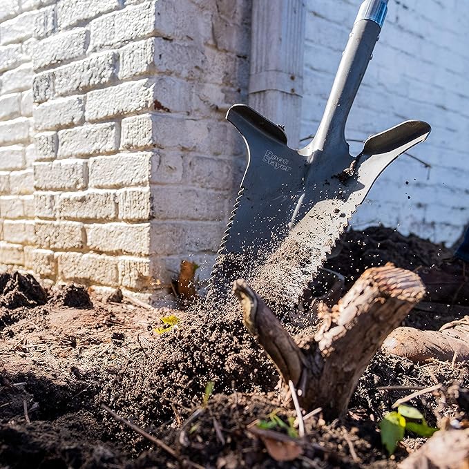 Root Slayer 22511 XL Garden Shovel with Serrated Blade for Digging and Root Cutting, Fiberglass Shaft, Heavy Duty Steel Spade, Red