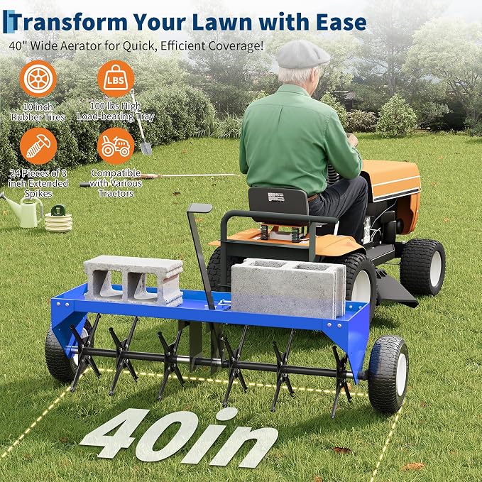 40 Inch Tow Behind Lawn Plug Aerator,100LBS Capacity Yard Aerator with Universal Hitch &10" Tires, Heavy Duty Aerator Lawn Tool Tow Behind, Steel Core Aerator for Garden Farm Yard Lawn Care