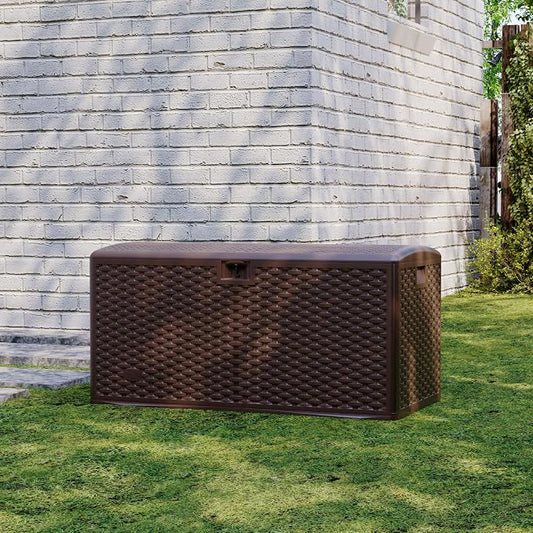 Outdoor Storage Box, 99 Gallon Storage Bin with Lid, Waterproof Large Resin Deck Box, Indoor Outdoor Lockable Storage Container for Patio Furniture Cushions Garden Tools- Brown