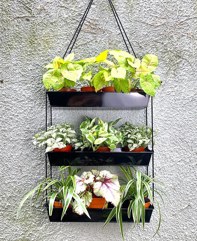 LaLaGreen 16 Inch Wall Mounted Tiered Planter for Indoor Succulent Plants, 3 Tier Modern Black Rectangular Metal Planter